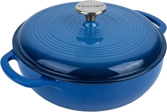 Enameled Cast Iron Dutch Oven Pot with Lid, 3 Quart Shallow Dutch Oven, Oven Safe up to 500° F, Suitable for Bread Baking, Braising, Roasting, Stews, Blue