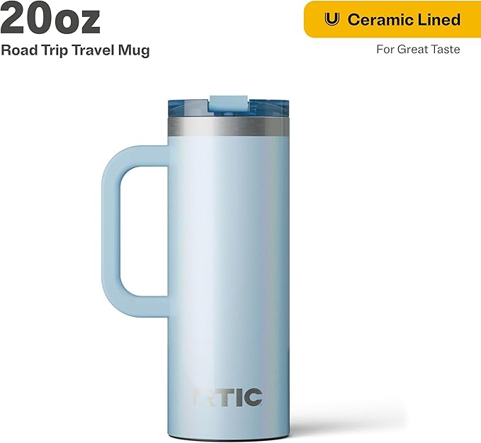RTIC 20oz Road Trip Travel Mug with Lid and Handle, Ceramic Lined, Insulated, Stainless Steel, Metal, Double Wall Vacuum-Insulation, Portable Coffee, Tea Cup for Hot and Cold Drink, RTIC Ice Glitter