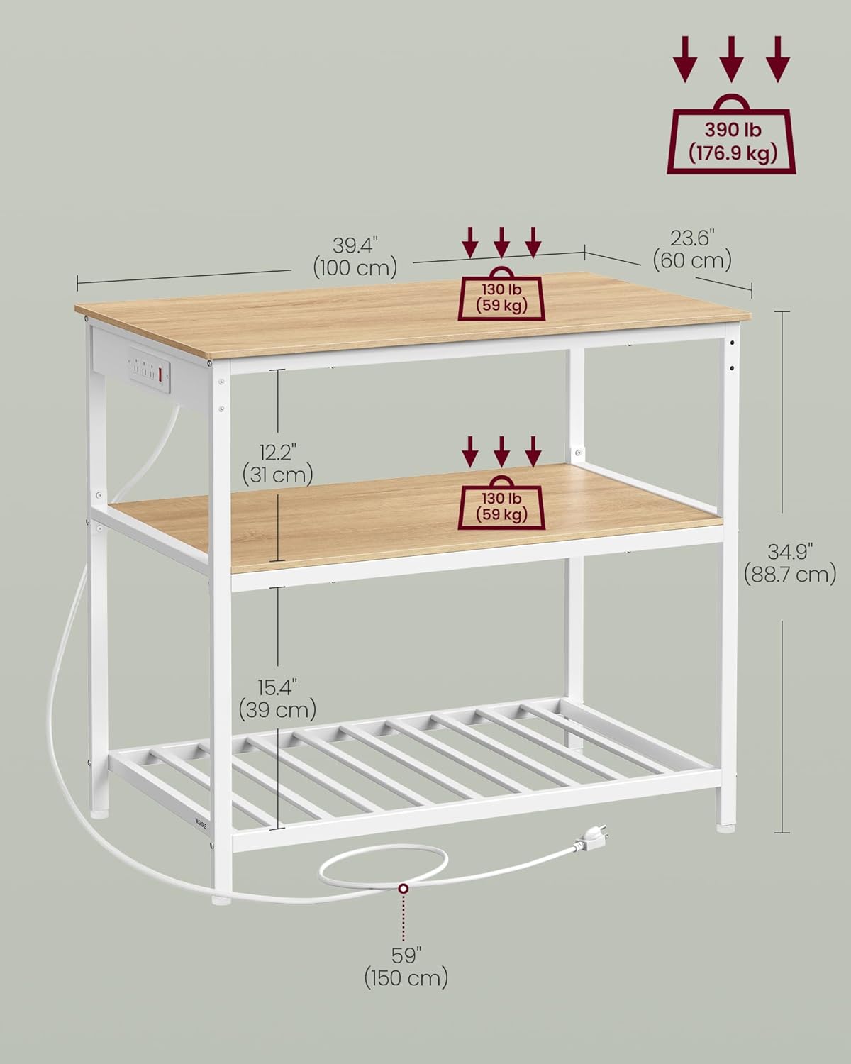 VASAGLE Kitchen Island with 3 Shelves, Kitchen Shelf with Power Strip, 23.6 x 39.4. x 34.9 Inches, Large Worktop, Steel Structure, Industrial, Easy to Assemble, Oak Color and White UKKI105Y01