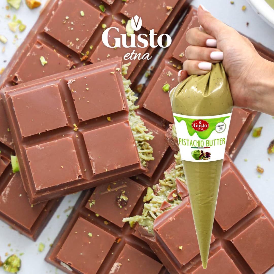 GUSTO ETNA Pistachio Nut Butter Cream in Squeeze Pouch, Spread, Cake Filling & Icing, Frosting, Dessert, Sweet Pistachio Butter, Pistachio Paste, From Bronte, Sicily, Italy, Non GMO, 14.1 oz (400 g)