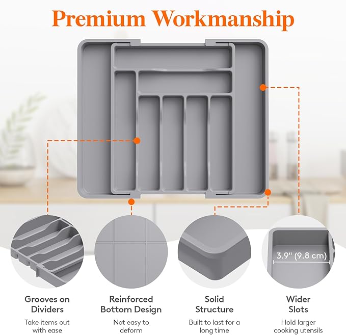 Lifewit Silverware Drawer Organizer, Expandable Utensil Organizer for Kitchen Drawers, Adjustable Cutlery and Flatware Tray, Plastic Spoons Forks Knives Holder Storage Dividers, Medium, Gray