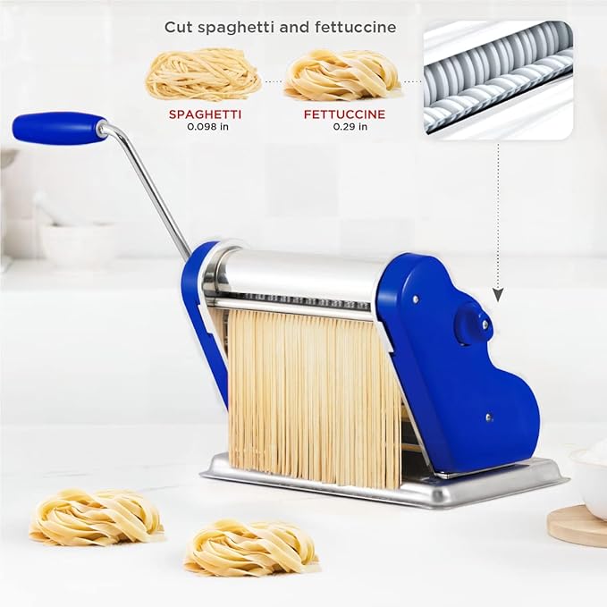 PASTALINDAClassic 200 Pasta Maker Machine, 20 cm Wide Rollers, 9 Thickness Positions, 2 Cutting Positions, Stainless Steel. Includes Reinforced Hand Crank And Two Clamps (Blue)