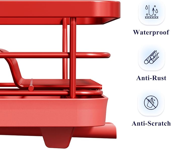 Kitsure Dish Drying Rack for Kitchen Counter, Stainless Steel Sink Organization and Storage Essentials with Cutlery Holder, Home and Appartment Decor, 12''W x 15.5''L, Red