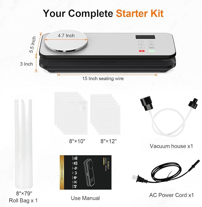 Vacuum Sealer for Food, 90kPA Powerful Food Saver Vacuum Sealer Machine with Digital Kitchen Scale, 12-in-1 Food Vacuum Sealer with Dry & Moist Food Modes, 10 pcs & 1 Roll Vacuum Bags, Starter Kits