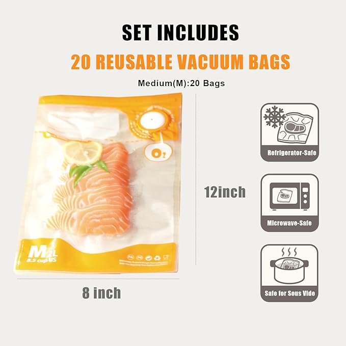 Sous Vide Bags Reusable, BPA Free Food Vacuum Sealer Bag, Vacuum Zipper Bag, 20pcs food storage bags & 4 Seal Clips (8x 12 Inch) Portable Vacuum Sealer Set for Travel, Fresh&Save Meal Prep