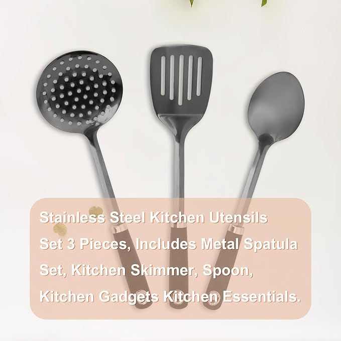 3-Piece Cooking Utensils Set Stainless Steel Large Serving Spoons Set Slotted Spoon Spatula Turner Skimmer Commercial and Residential Use Dishwasher Safe, Black