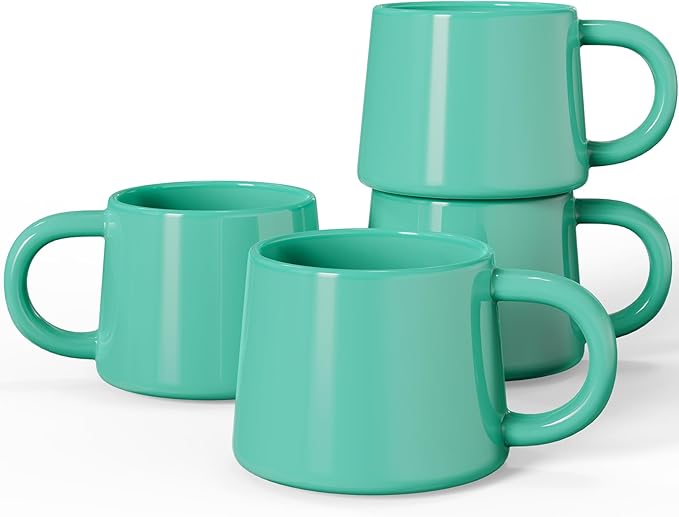 12 oz Coffee Mugs Set of 4, Modern Stackable Coffee Cups Set for Latte, Hot Tea, Cappuccino, Ceramic Coffee Mug Tea Cup, Dishwasher & Microwave Safe, Housewarming Wedding Present (Turquoise)