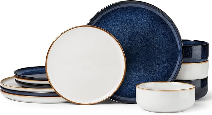 Herogo 12-Piece Stoneware Dinnerware Set for 4, Dinner Plates and Bowls Sets, Double Reactive Glaze Dishware Place Setting for Kitchen, Scratch Resistant, Microwave Safe, Ivory White & Starry Blue