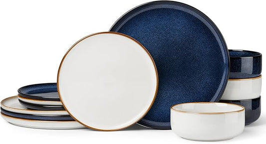Herogo 12-Piece Stoneware Dinnerware Set for 4, Dinner Plates and Bowls Sets, Double Reactive Glaze Dishware Place Setting for Kitchen, Scratch Resistant, Microwave Safe, Ivory White & Starry Blue