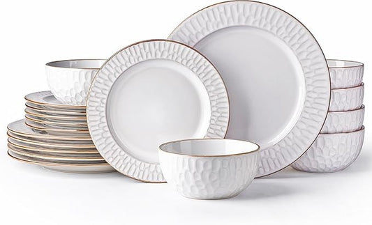 GBHOME Ceramic Dinnerware Sets,18 pcs Embossed Elegant Stoneware Plates and Bowls Sets, Housewarming Wedding Gift | Dishwasher & Microwave Safe | Dishes Set Service for 6