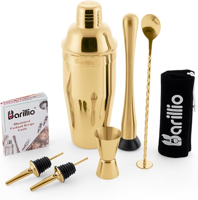 Barillio Gold Mixology Bartender Kit - 8 pcs Stainless Steel Travel Cocktail Shaker Set with Bag - Bar Tools Set with Martini Shaker, Drink Mixer Spoon & Mojito Muddler for Cocktails, Pourers & Jigger
