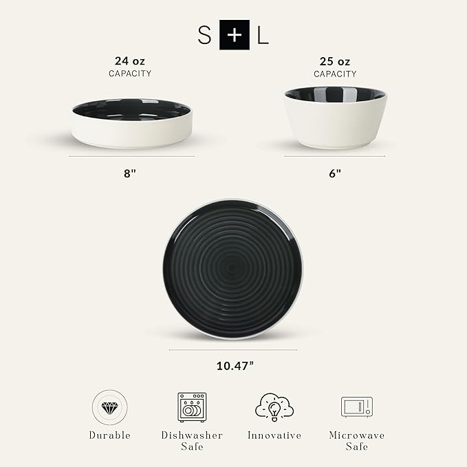 Stone Lain Elica 12-Piece Modern Dinnerware Set Stoneware, Plates and Bowl Sets for 4, Black and Beige