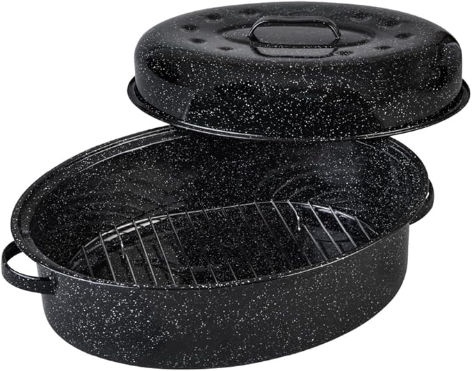 Granite Ware 19 inch oval roaster with Lid, Oval Rack included (Speckled Black) - design to accommodate up to 20 lb poultry/roast. Resists up to 932°F