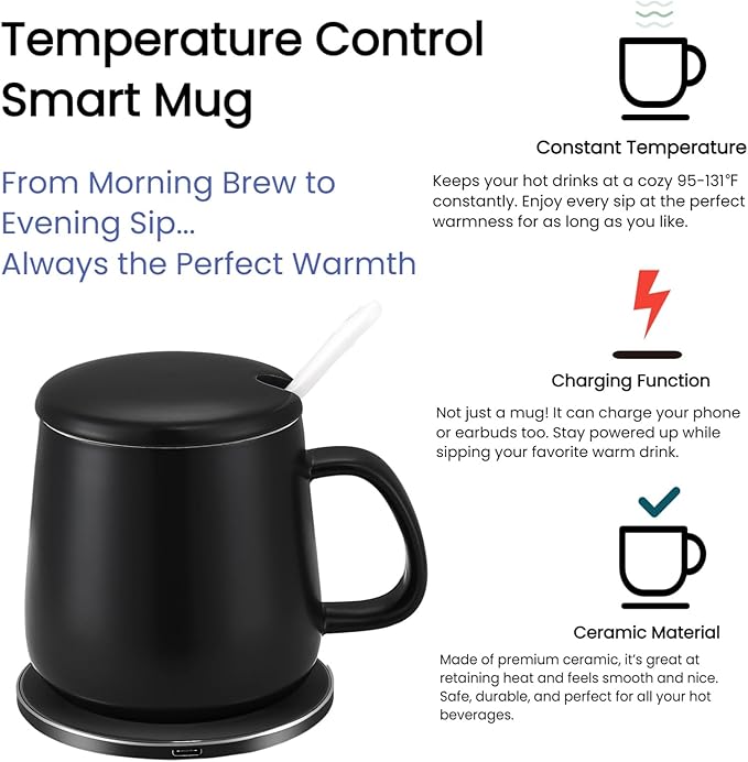 Smart Temperature Control Mug, 13 Oz Premium Ceramic Coffee Cup with 15W Wireless Charger, Charges Phones, Matte Black