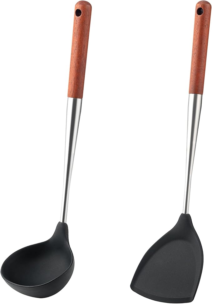 FJNATINH Silicone Spatula and Ladle Set - Stainless Steel Non Stick Heat-Resistant Kitchen Utensils BPA Free Cooking Utensils Cookware Wooden Handle, Pack of 2