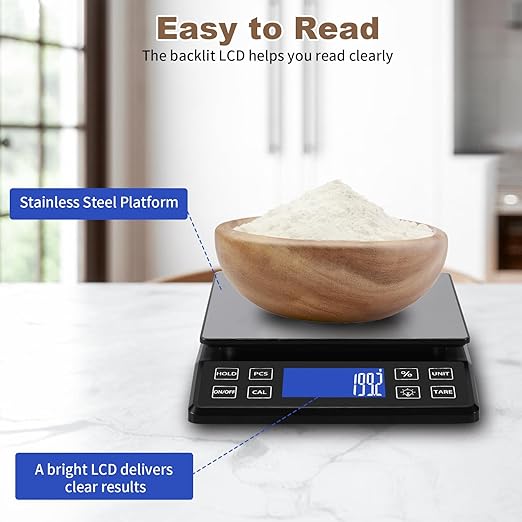 Digital Kitchen Scale with 0.1g/0.001oz High Precision, 5kg/11lb Food Bakery Scale with% Percentage Function, Tare Function, USB Rechargeable or AAA Battery Power, Stainless Steel Pan