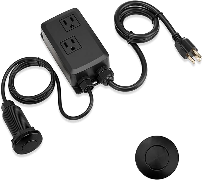 Garbage Disposal Air Switch Kit Dual Outlet Sink Top Waste Disposal On/off Stainless Steel Satin Nickel Button Extra Long Food and Waste Disposer, UL List (Black)