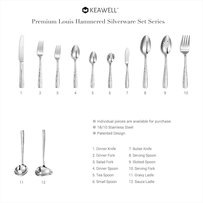 KEAWELL Premium 20/45/65 Piece Louis Hammered Silverware Set with Squared Edge, 18/10 Stainless Steel, Service for 4/8/12, Fine Flatware Set, Dishwasher Safe (20)