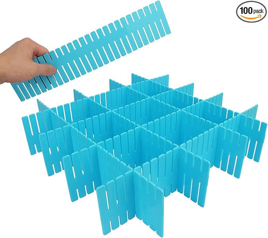 100 PCS Premium DIY Drawer Dividers, Blue, Adjustable Drawer Dividers for Perfectly Organized Drawers, Tidying Makeup, Clothes, Underwear, Cutlery, Kitchen, Bathroom, Bedroom, Office
