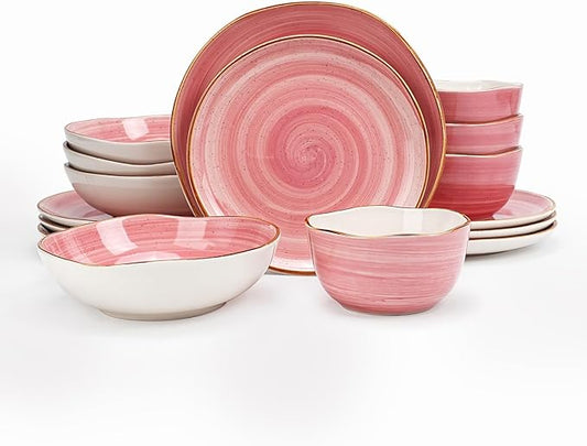 Highland 16-Piece Dinnerware Set Service for 4, Organic Shape Stoneware Plates and Bowls Set, Scratch Resistant, Microwave and Dishwasher Safe, Speckled Effect Handcrafted, Swirl Pink