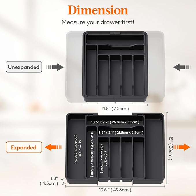 Lifewit Silverware Drawer Organizer, Expandable Utensil Organizer for Kitchen Drawers, Adjustable Cutlery and Flatware Tray, Plastic Spoons Forks Knives Holder Storage Dividers, Medium, Black