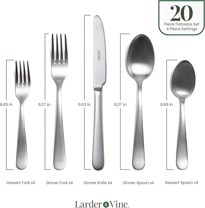 Signature Stainless Steel Flatware 20-Piece Set - Service for 4, Premium Stainless Steel with Weighted Handles, Dishwasher Safe, Everyday or Special Occasion Cutlery (Satin Finish)