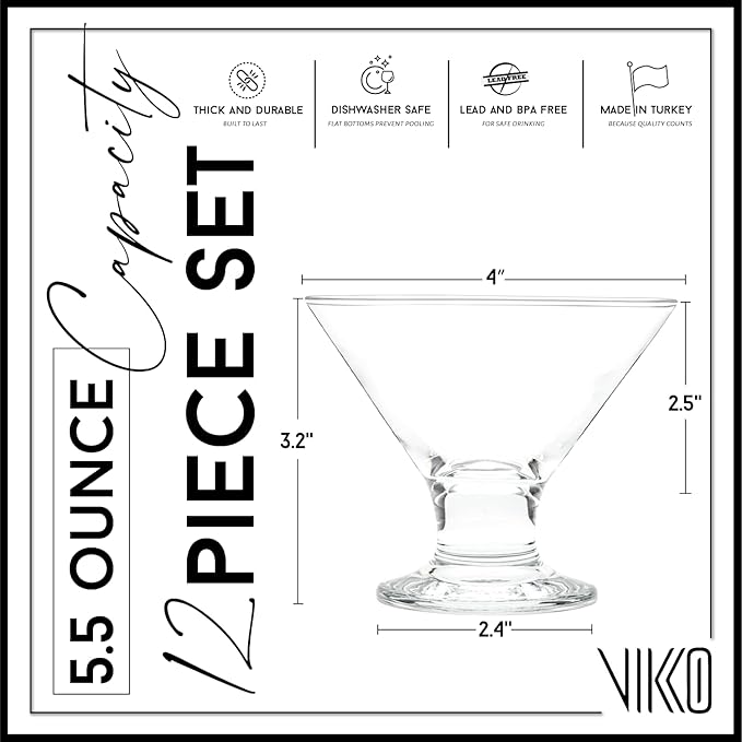 Vikko Dessert Bowls, 5.5 Ounce Ice Cream Sundae Bowls, Set of 12 Footed Dessert Cup For Ices, Pudding, Fruit, and More, Dishwasher Safe