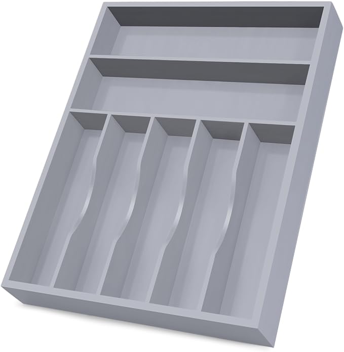Bellsal Grey Utensil Organizer 12.5 Inch Silverware Tray for Drawer Utensil Holder Cutlery Organizer Kitchen Drawer Organizer 7 Compartment Small Narrow Bamboo