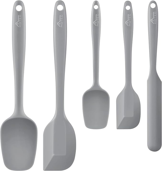 HOTEC 600℉ Heat Resistant BPA-Free Silicone Rubber Spatula Set,Kitchen Cooking Spatulas, Baking, Mixing for Non Stick Cookware, Dishwasher Safe, Set of 5 Grey