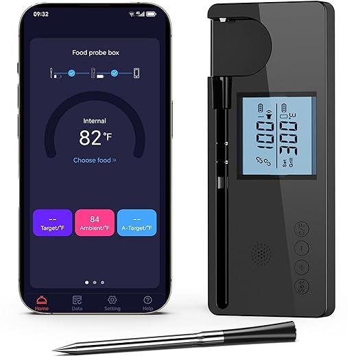 Meat Thermometer Digital Wireless with 800ft Range, Bluetooth 5.3 Food Thermometer with Dual-Temperature Probe, LCD Display and App&Case Setting for Grilling Smoking Cooking