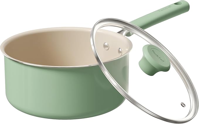Redchef Ceramic Nonstick Saucepan with Lid, 3QT Small Cooking Pot,Non Toxic Sauce Pans for Kitchen, Cool Handle PFAS Free Compatible with All Cooktops, Green