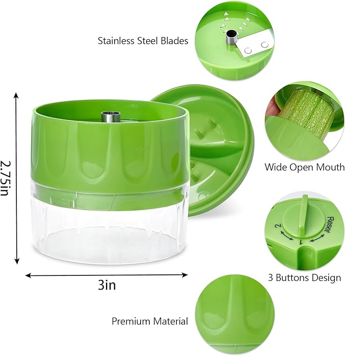 Handheld Low-Carb Spiralizer，3-in-1 Veggie Noodle Maker for Zucchini, Carrots & More, Compact Design for Small Kitchens, Rust-Resistant Stainless Steel Blades(Green)