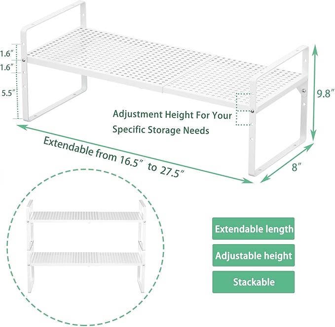 Redrubbit Expandable Cabinet Storage Shelf, Adjustable Height Steel Metal Kitchen Counter Organizers Shelves Spice Rack for Kitchen Pantry Bathroom Cupboard Desk Home Office, White-2 Pack