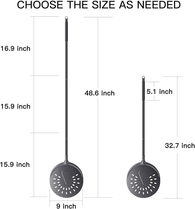 Turning Pizza Peel, 9 Inch Aluminum Perforated Peel with Detachable 33 or 48 Inch Long handle, Lightweight Pizza Paddle for Baking Homemade Pizza Bread