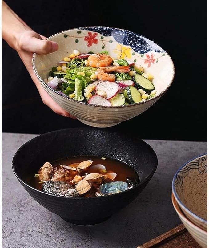 40 OZ ceramic ramen bowls, 8 IN large Japanese noodle soup bowl, match chopsticks and spoons, suitable for Pho, Udon Asian noodles (Black color)