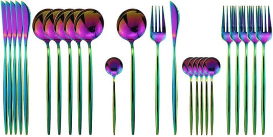 JASHII Flatware Set 24 Piece, Stainless Steel With Titanium Colorful Plated, Multicolor Flatware Set, Silverware, Rainbow Color Cutlery Set Service For 6