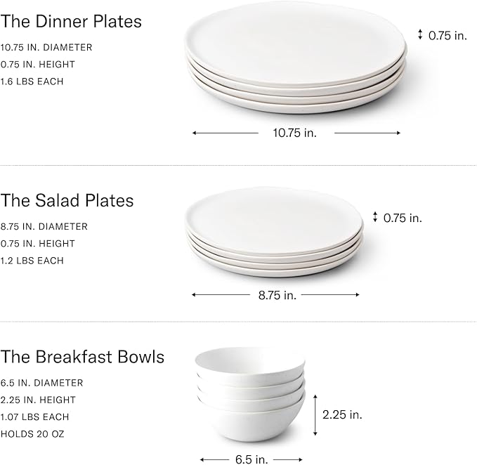 Fable Dinnerware Set - Includes 4 Each of The Dinner + Salad Plates, and The Breakfast Bowls - Dishwasher Safe, Durable Stoneware Ceramic Plates and Bowls - Speckled White