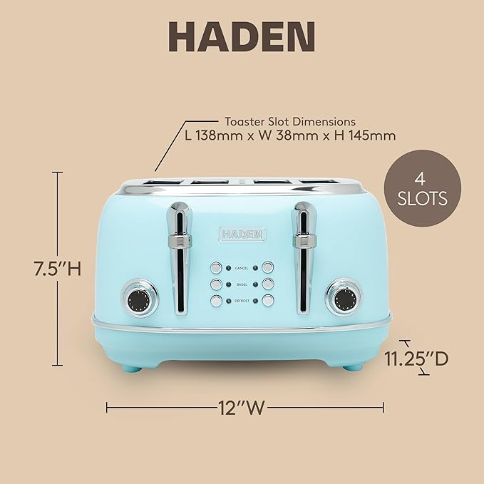 Haden Heritage 4 Slice Wide Slot Stainless Steel Toaster with Adjustable Browning Control & Non-Slip Feet, Turquoise & Chrome