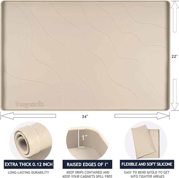 Heavy Duty Silicone Under Sink Mats for Kitchen Waterproof 40" x 19", Extra Thick Under Sink Rubber Mat Drip Tray, Raised Edge Under Sink Liner,Prevent Drips, Leaks, Spills,Beige
