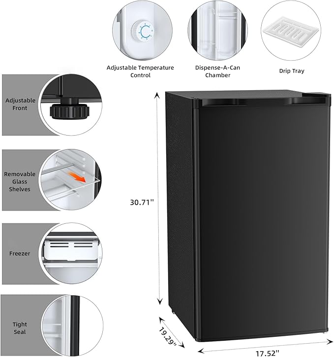 Antarctic Star Mini Compact Refrigerator with Freezer, 3.2 Cu.Ft. Single Door with Adjustable Thermostat,Removable Glass Shelves for Apartment/Dorm/Office,BLACK