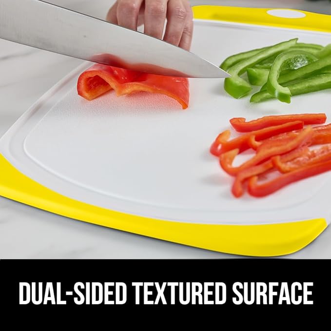 GORILLA GRIP BPA-Free Reversible Kitchen Cutting Board Set of 3, US Designed, Nonporous, Juice Grooves Catch Liquid, Slip Resistant Border, Dishwasher Safe, Durable Large Food Chopping Boards, Yellow