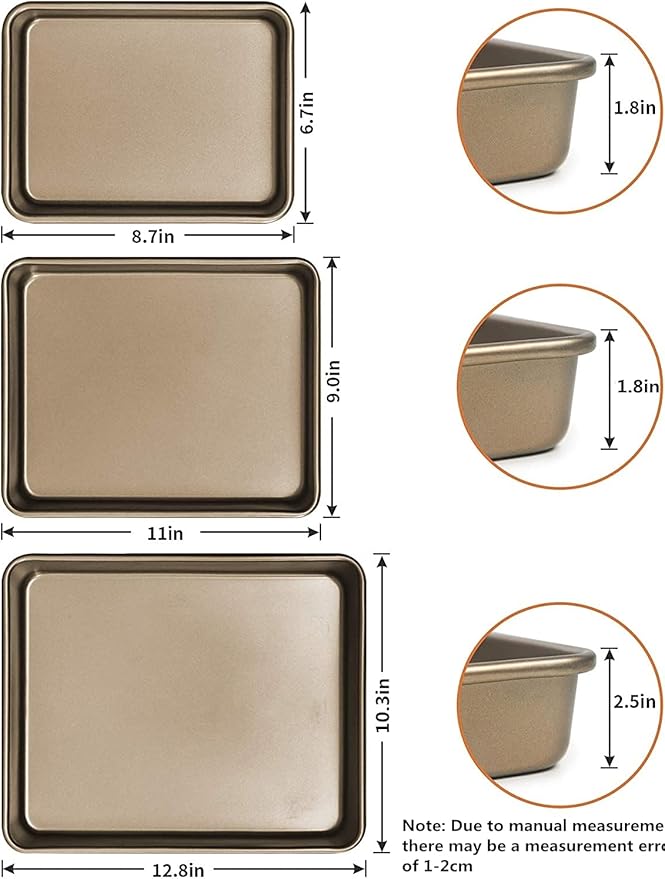 SuperMa 3 Pack Deep Baking Pans Set Nonstick Rectangular Cookie Sheets 9 11 13 Inch Baking Sheets for Baking Bread, Toaster Bakeware Gold