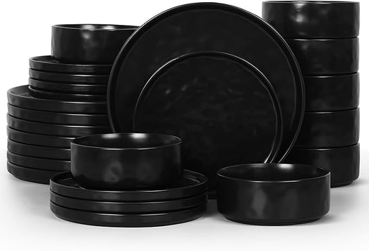 LIANYU Stoneware Dinnerware Dishes Sets for 8, 24 Piece Plates and Bowls Dishware Set, Ceramic Dinning Ware Includes Dinner Salad Plates, Cereal Bowls, Chip & Scratch Resistant, Obsidian Matte Black