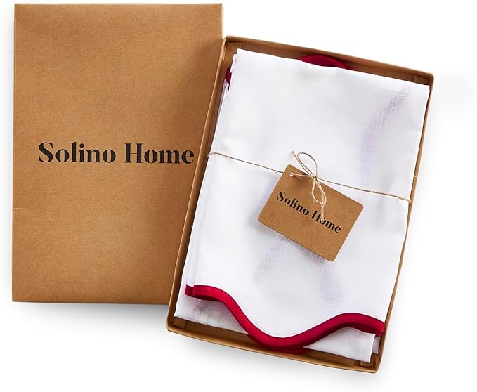 Solino Home Scallop Linen Napkins Set of 4-100% Pure Linen Red and White Dinner Napkins Cloth 20 Inch - Giselle Scallop Edge, Handcrafted and Machine Washable - Christmas