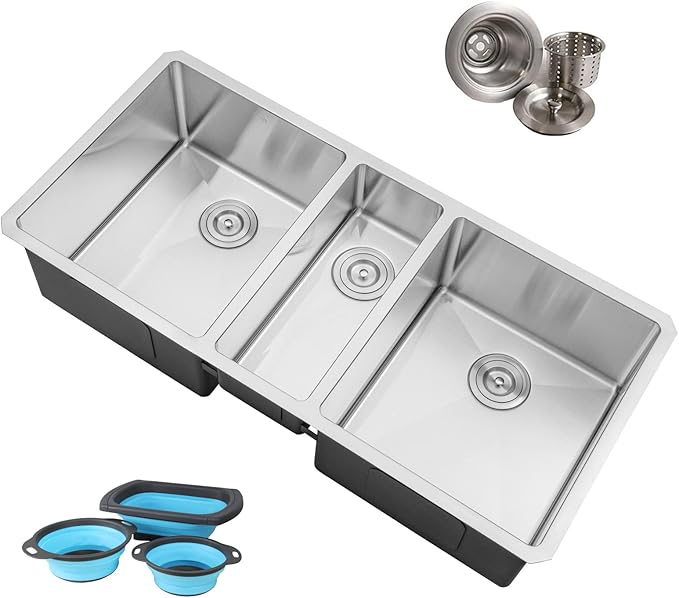 42 in. x 20 in. x 10 in. 16-Gauge Stainless Steel Undermount Triple Bowl Kitchen Sink with Collapsible Colander Set and Strainer