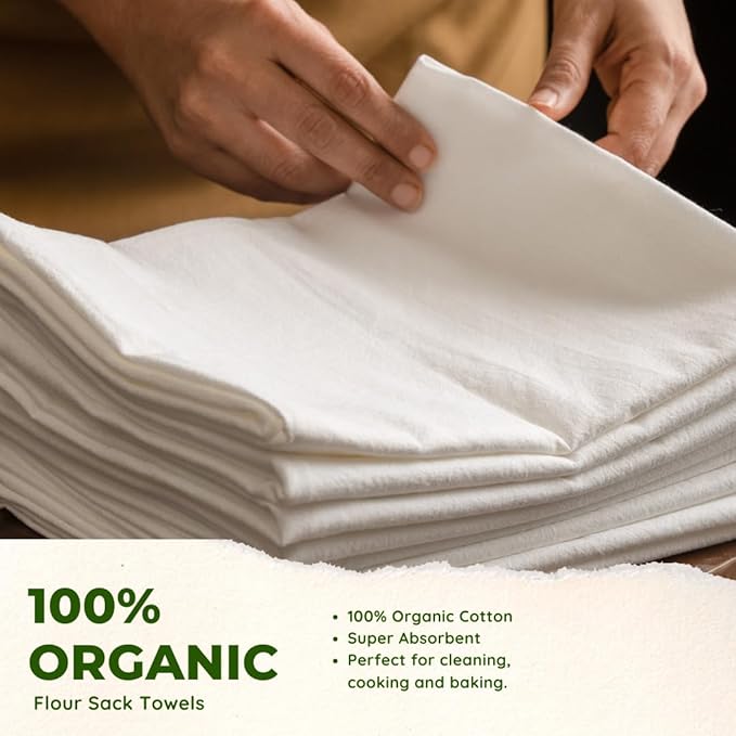 Organic Cotton Flour Sack Towels for Kitchen- Lint-Free, White Tea towels for Embroidery, Crafting, Dyeing. Super-Absorbent Dish Towels for Drying, Bread Proofing, Baking 27"x27"(White 8 pack)