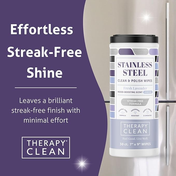 Therapy Stainless Steel Wipes, 30 Count (2 Pack) - Appliance Cleaner for Fridge, Dishwasher, Oven, Stove, Sink, Microwave, and More - Removes Smudges, Fingerprints, and Leaves a Streak-Free Shine