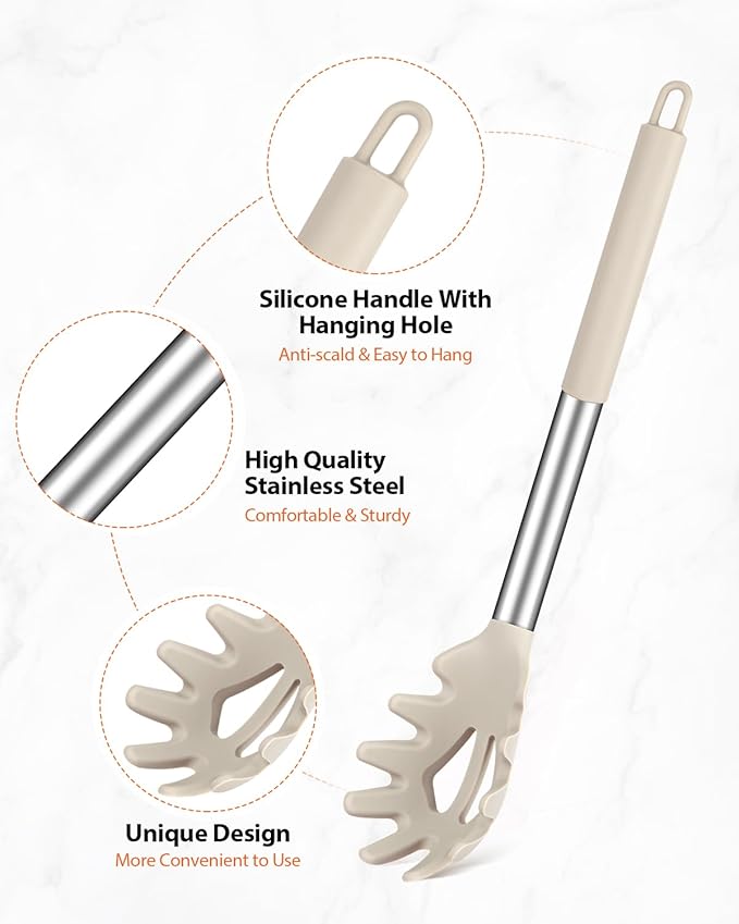 Silicone Spaghetti Spoon & Pasta Tong, Non-Stick Stainless Steel Handle Pasta Fork Set with Teeth, Food Clip for Easy Serving of Noodles (Khaki)