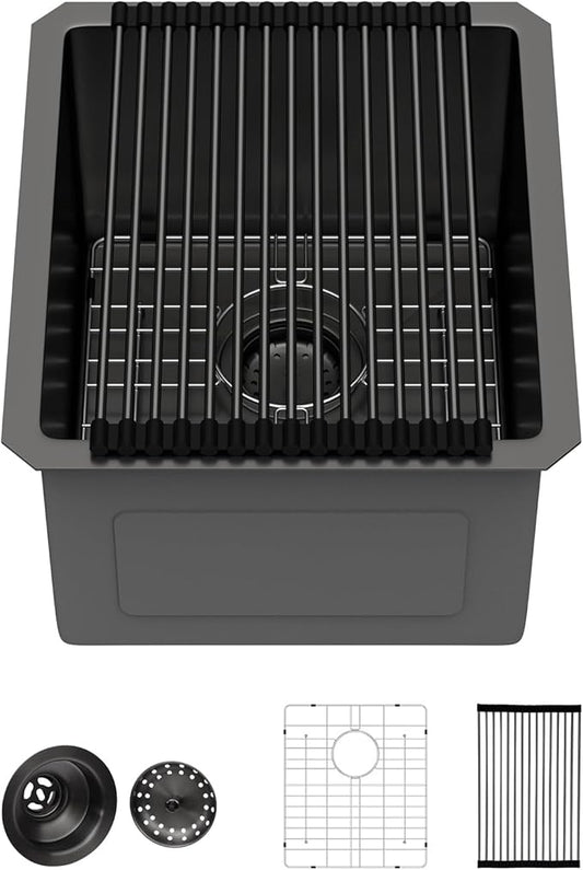 Black Bar Sink - 15 x 17 Undermount Kitchen Sinks Gunmetal Black Stainless Steel Single Bowl 16 Gauge Handmade Outdoor Wet RV Sinks
