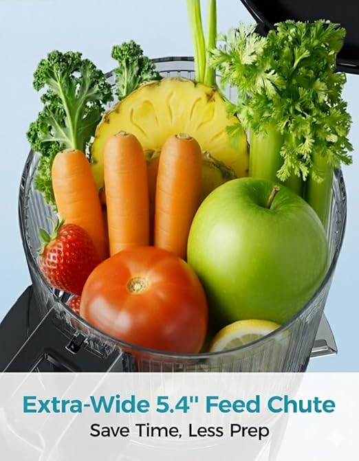 Cold Press Juicer, EUHOMY 5.4" Extra Large Feed Chute Slow Masticating Juicer, 250W Juicer Machines, 99.6% High Juice Yield,for Whole Vegetables & Fruits, Reverse Function, Easy to clean.Black